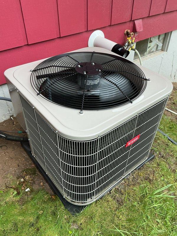 Completed comprehensive AC tune-up on 2012 Bryant condensing unit. Performed standard maintenance procedures including inspection of refrigerant lines, service valves, condenser coil, fan motor operation, and electrical connections. Unit operating within normal parameters with no deficiencies noted at time of service.
