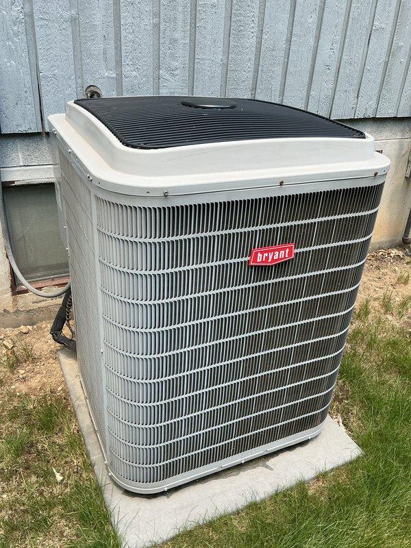 Completed scheduled air conditioning tune-up and preventative maintenance on Bryant brand outdoor condensing unit. Performed comprehensive system inspection, verified proper operation of all components, and documented equipment condition with unit showing good maintenance with clean fins, intact housing, and proper installation on level concrete pad.