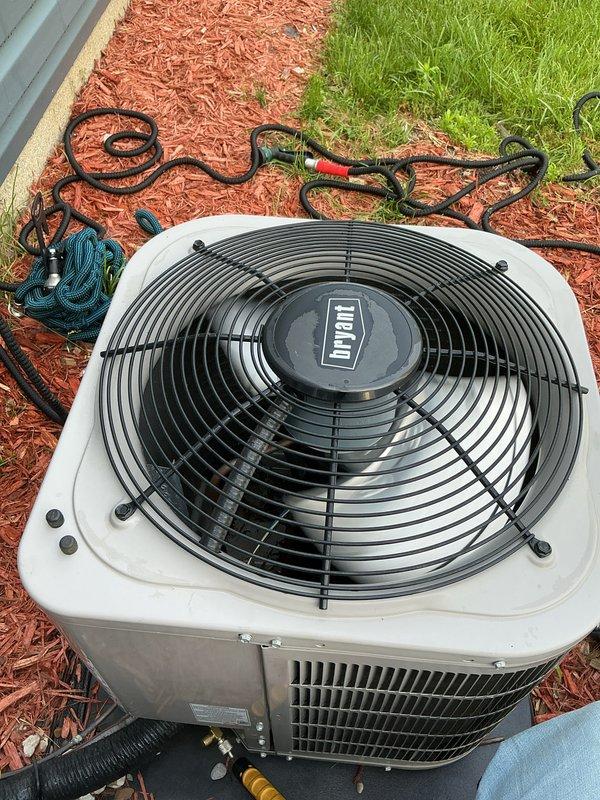 Completed comprehensive AC tune-up on 5-year-old Bryant system experiencing reduced dehumidification performance. Performed full preventive maintenance protocol including condenser coil cleaning, refrigerant charge verification, electrical component inspection, and airflow assessment. System tested and confirmed operational with normal cooling capacity; customer advised on dehumidification expectations and filter maintenance schedule to optimize moisture removal performance.