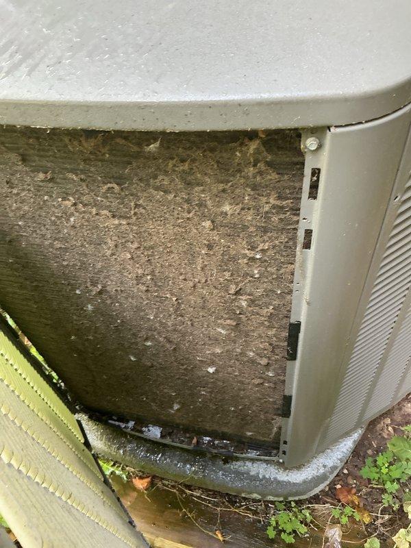 Completed annual air conditioning tune-up on a 3-year-old outdoor condensing unit. Upon inspection, found heavy accumulation of dirt, dust, and debris on condenser coils significantly reducing heat transfer efficiency. Thoroughly cleaned condenser coils to restore proper airflow and system performance. Verified unit operation, checked refrigerant levels, inspected electrical connections, and confirmed all components functioning within normal parameters. System restored to optimal cooling capacity for continued reliable operation.