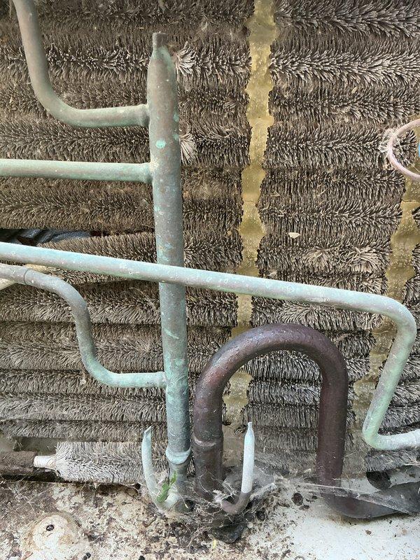 Completed comprehensive AC tune-up and system evaluation on residential HVAC unit. Performed standard maintenance protocol including inspection of evaporator coil assembly, refrigerant lines, and associated components. Observed significant aging and corrosion on copper refrigerant piping with white oxidation buildup and deterioration of foam insulation on multiple line sets. Documented heavy dust and debris accumulation on aluminum evaporator fins requiring attention. Noted bare copper U-bend section showing advanced patina and oxidation, along with moisture damage indicators on insulated lines. System operational at time of service; collected renewal payment and scheduled follow-up appointment.