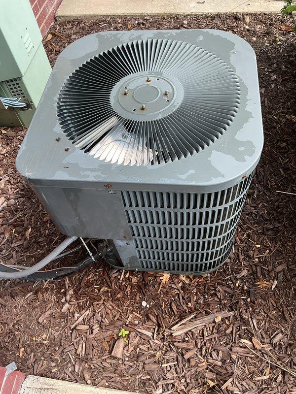 Completed scheduled maintenance on residential air conditioning system. Inspected outdoor condenser unit, verified proper operation of fan motor and compressor, and confirmed adequate airflow through coil fins. Unit restored to normal cooling operation with no deficiencies noted.