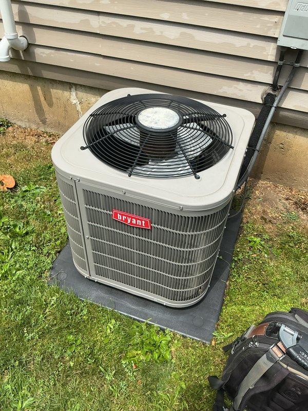 Completed scheduled air conditioning tune-up on 2018 Bryant condensing unit. Performed comprehensive system diagnostics using digital multimeter, verified electrical parameters, inspected condenser fan operation, and confirmed unit is operating within manufacturer specifications with no issues identified.