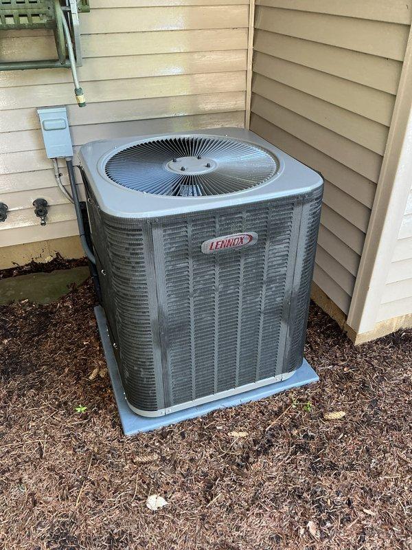 Performed comprehensive air conditioning tune-up on Lennox outdoor condensing unit. Completed standard preventive maintenance procedures including system inspection, performance testing, and cleaning of condenser coils and components. Unit operating within normal parameters upon completion of service.