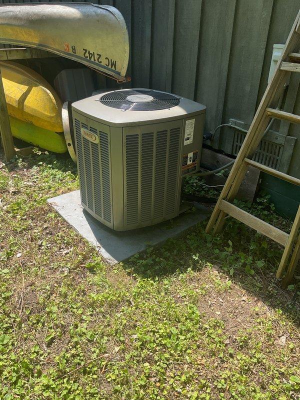 Completed comprehensive AC tune-up on outdoor condensing unit, including system inspection and filter evaluation. Replaced heavily soiled triangular air filter that exhibited significant dust accumulation and debris buildup across pleated media. Verified proper unit operation and collected payment for service renewal.