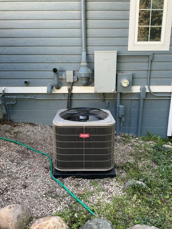Successfully completed full HVAC system installation including new Bryant air conditioning unit and evaporator coil. Installed outdoor condenser unit on gravel pad with proper clearances, connected refrigerant lines, and integrated new A-coil with existing furnace system. Ran condensate drainage lines with PVC piping, completed all electrical connections, pressure tested refrigerant system, and verified proper operation of complete heating and cooling system.
