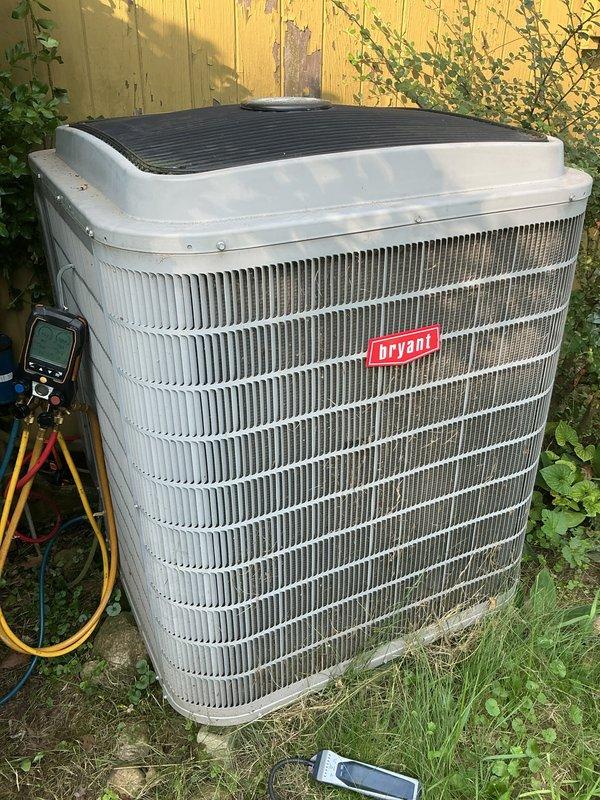 Completed heat pump tune-up on Bryant outdoor unit. Performed comprehensive system inspection including electrical connections, refrigerant pressures, and operational testing using manifold gauges. Unit operating within normal parameters following previous refrigerant charge adjustment. All components functioning properly with no immediate concerns noted at time of service.