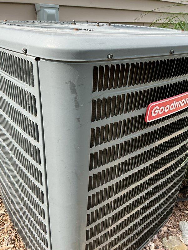 Completed annual membership air conditioning tune-up on Goodman condensing unit. Performed comprehensive system inspection, cleaned condenser coils, verified proper airflow through heat exchanger fins, and confirmed operational status of all components. Unit operating within normal parameters upon completion of maintenance service.