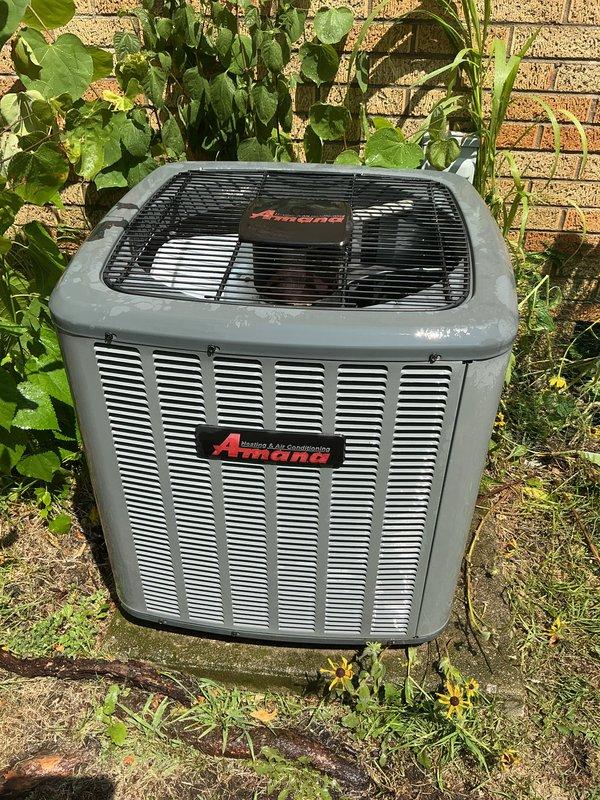 Performed comprehensive air conditioning maintenance service on residential Amana condenser unit. Completed thorough cleaning of exterior coils, fan assembly, and housing components. Established new preventative maintenance membership for ongoing system care and optimal equipment performance.