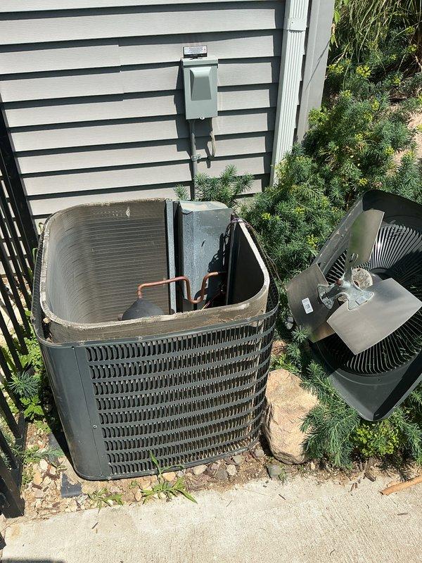 Completed comprehensive tune-up service on outdoor air conditioning condenser unit. Performed standard maintenance procedures including inspection of refrigerant lines, electrical connections, and internal mechanical components. Unit operational and ready for continued cooling service.