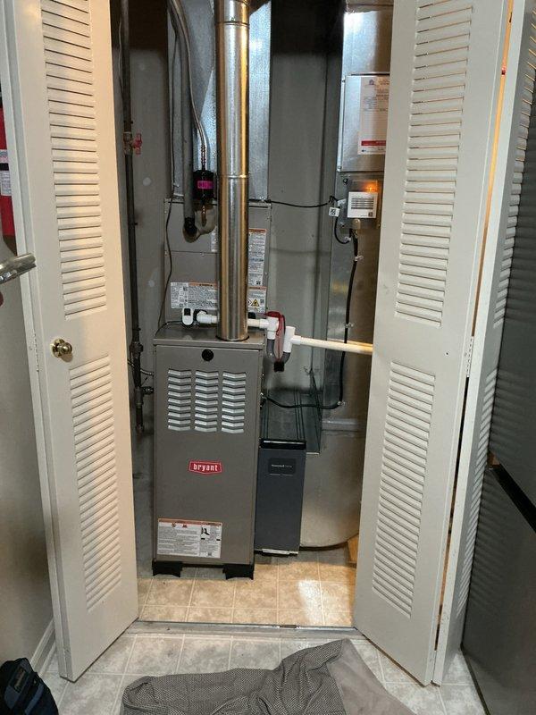 Completed full HVAC system installation in residential utility closet, including new Bryant furnace and air conditioning system. Installed and connected all ductwork, exhaust venting, electrical wiring, and condensate piping per manufacturer specifications. Configured system controls, verified proper airflow throughout distribution system, and tested all safety devices to ensure code-compliant operation.