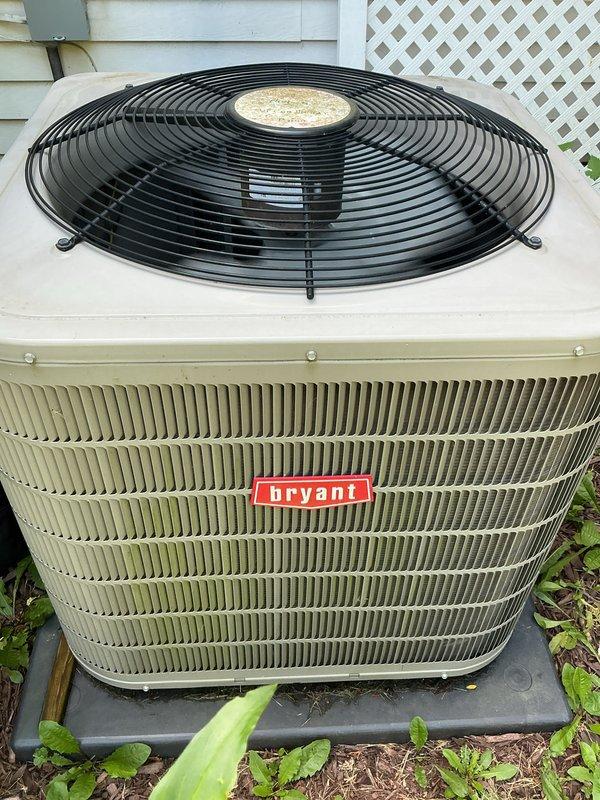 Completed comprehensive air conditioning tune-up on Bryant condenser unit, performing standard preventative maintenance procedures including inspection of all major components, verification of proper airflow through louvered panels, and assessment of fan guard and motor operation. Added unit to ongoing maintenance membership program for continued service coverage.