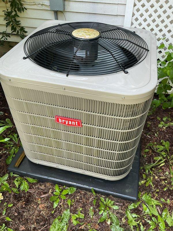 Completed comprehensive air conditioning tune-up on Bryant condenser unit, performing standard preventative maintenance procedures including inspection of all major components, verification of proper airflow through louvered panels, and assessment of fan guard and motor operation. Added unit to ongoing maintenance membership program for continued service coverage.