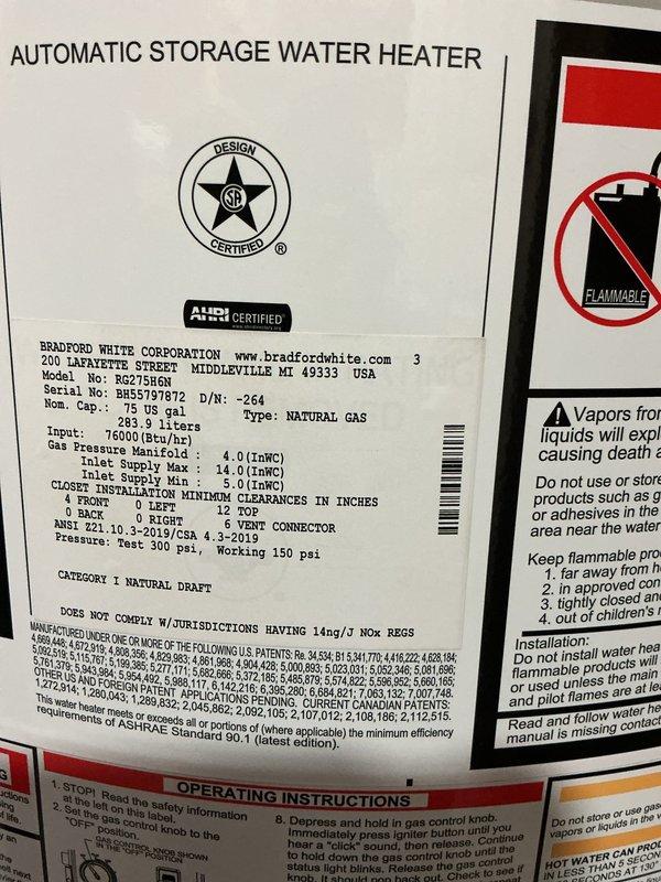 Installed a 75-gallon Bradford White natural draft atmospheric vent water heater, model RG275H6N, with natural gas fuel source and 76,000 BTU/hr input capacity. Unit was positioned and connected per manufacturer specifications and applicable code requirements, with all safety clearances verified and operational testing completed successfully.
