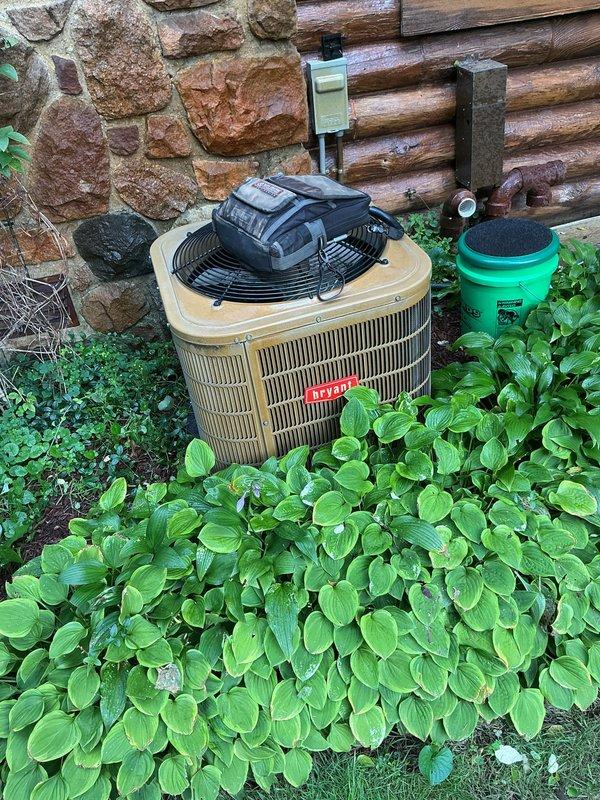Completed preventative maintenance on Bryant outdoor condensing unit. Performed system inspection, replaced air filter, and processed annual maintenance renewal. Unit operating within normal parameters with adequate airflow through condenser coils and proper clearance from surrounding landscape.