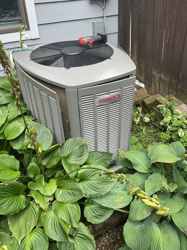 Completed comprehensive air conditioning tune-up and preventative maintenance on residential Lennox condensing unit. Performed standard inspection procedures, collected payment for service renewal, and documented equipment condition with photographs showing unit positioned in landscaped area with adequate clearance from surrounding vegetation.