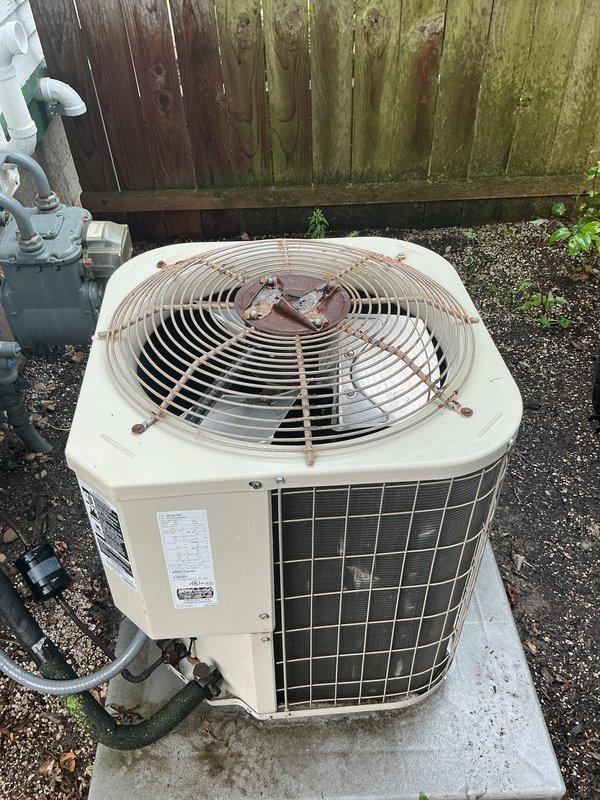 Completed scheduled air conditioning tune-up and preventive maintenance inspection on outdoor condenser unit. Performed comprehensive system evaluation including visual inspection of cabinet, fan assembly, and refrigerant line connections. Unit operational with normal cooling function restored and maintained through routine service procedures.