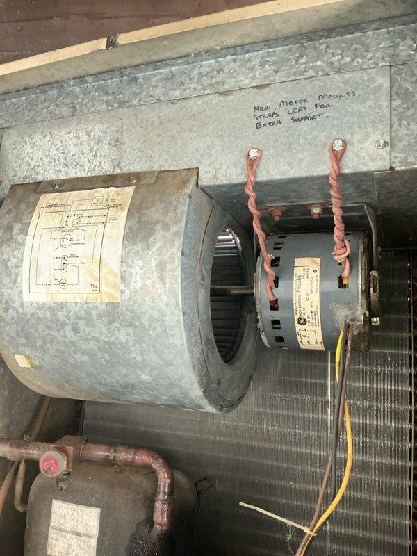 Completed scheduled recurring maintenance service on residential HVAC system. Inspected blower assembly with previously installed motor and reinforced mounting brackets, verified proper operation of air handler unit, and checked electrical connections throughout the system. All components operating within normal parameters; system cooling effectively with no issues identified during inspection.