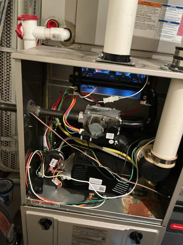 Completed scheduled maintenance service on Bryant furnace and air conditioning system. Performed thorough cleaning of both heating and cooling components, inspected gas valve assembly, blower motor, control board with operational LED indicators, and verified all electrical connections throughout the system. Both heating and cooling systems tested and confirmed operational with all components functioning within normal parameters.