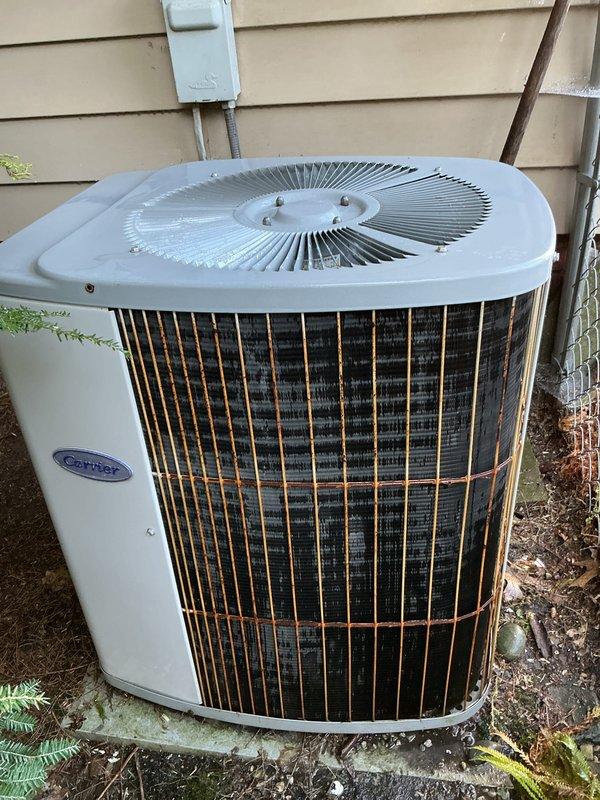 Performed comprehensive annual tune-up on 31-year-old Carrier air conditioning system. Unit was found in operational condition with cooling function performing adequately. Conducted standard preventive maintenance procedures including inspection of condenser coil fins, fan assembly, electrical connections, and refrigerant levels. Exterior housing and coil surfaces showed age-appropriate weathering and environmental accumulation. System confirmed operational at conclusion of service visit.