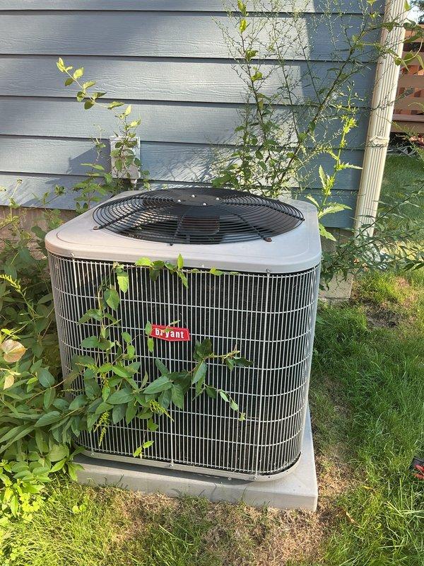 Completed comprehensive tune-up service on Bryant air conditioning system, gas furnace, and generator. Performed standard maintenance procedures including inspection, cleaning, and testing of all equipment. Noted vegetation overgrowth around outdoor condenser unit restricting airflow to coils and grille, which was cleared to ensure proper system operation and efficiency. Unit operational upon completion; 16kw generator maintenance kit required for future service.