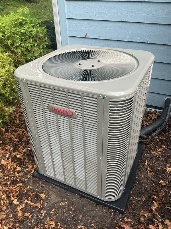Completed scheduled recurring maintenance service on Lennox air conditioning system. Performed comprehensive inspection of outdoor condensing unit and indoor air distribution components, verified system operation, and documented equipment condition with photos. Unit operating within normal parameters with adequate airflow through return grille and condenser coils clear of obstructions.