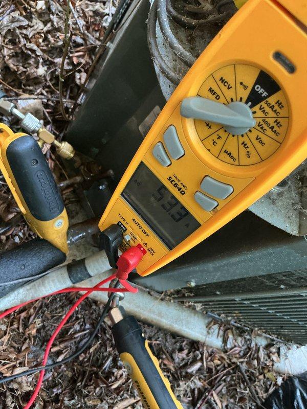Completed scheduled AC tune-up and preventative maintenance on outdoor condensing unit. Performed electrical diagnostics using multimeter to verify proper voltage and capacitor readings at service valves, inspected refrigerant lines and connections, and evaluated overall system operation. Unit found to be functioning properly with no immediate repairs required.