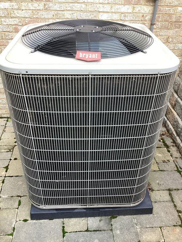 Completed scheduled preventive maintenance on Bryant outdoor condensing unit. Inspected and confirmed proper operation of compressor, condenser fan motor, and electrical components. Unit operating within normal parameters with adequate airflow through condenser coil and no refrigerant leaks detected. System returned to normal cooling operation.