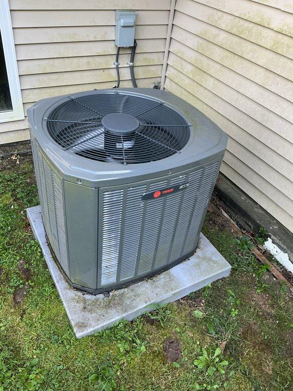 Completed scheduled AC tune-up on Trane outdoor condensing unit. Performed comprehensive preventive maintenance inspection, verified proper operation of compressor and condenser fan motor, checked refrigerant levels, and ensured optimal system performance. Unit operating within normal parameters upon completion of service.