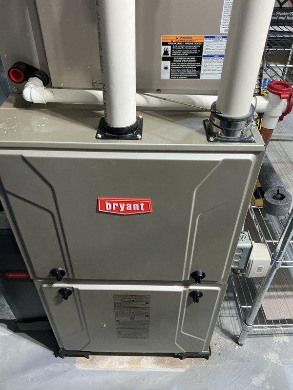 Completed comprehensive preventive maintenance on Bryant gas furnace system, performing standard tune-up procedures including filter inspection, burner assembly cleaning, and safety control verification. Conducted generator maintenance service including oil change and general cleaning of unit components. All systems tested and operating within manufacturer specifications upon completion of recurring service visit.