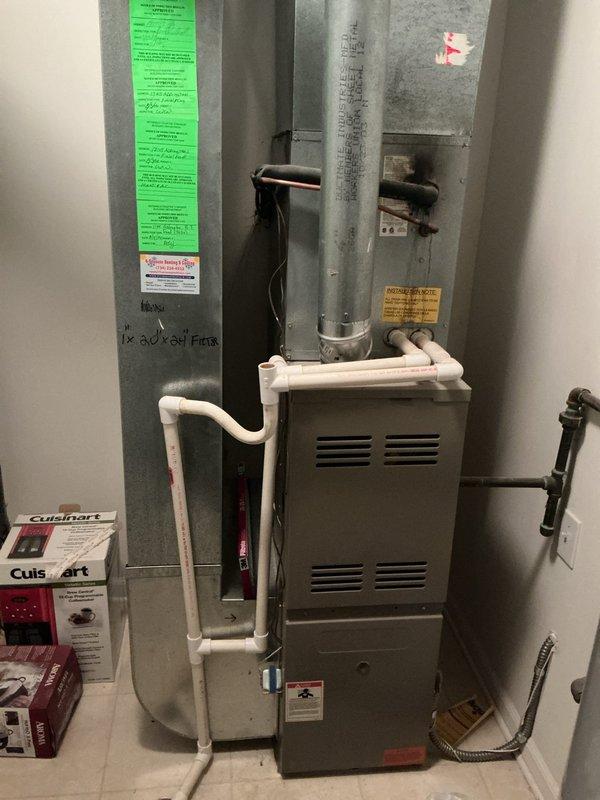 Responded to no cooling complaint on residential HVAC system. Upon arrival, performed diagnostic evaluation of outdoor condenser unit and indoor furnace system. Inspected electrical connections, refrigerant lines, and thermostat operation. Customer had obtained replacement thermostat prior to visit; evaluated compatibility and installed new thermostat to restore proper system communication and temperature control, resolving the no cooling issue.