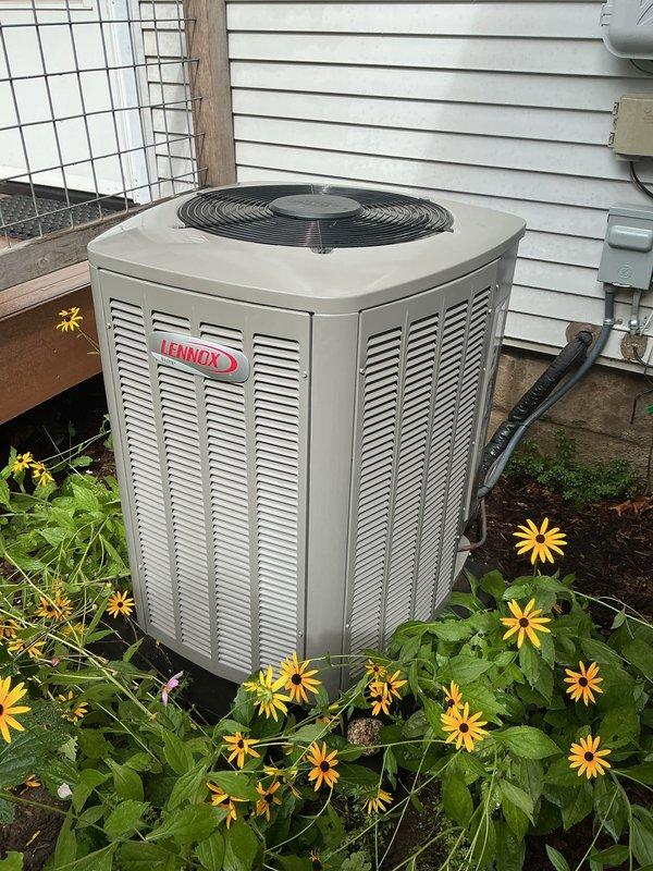 Completed routine preventive maintenance on 4-year-old Lennox heat pump system. Performed comprehensive tune-up including inspection of outdoor condenser unit, verified proper refrigerant levels, checked electrical connections, cleaned coils, and tested system operation. Unit found in good working condition with no issues identified; all components functioning within normal parameters.