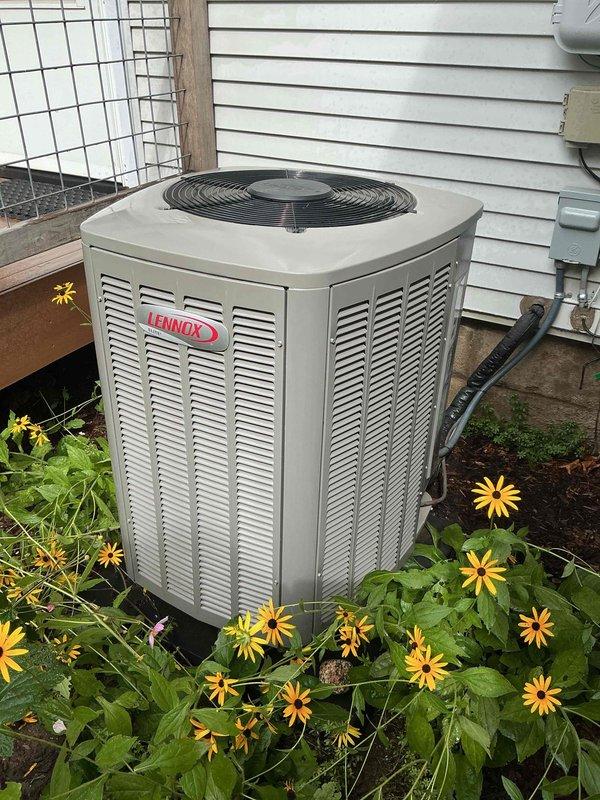 Completed routine preventive maintenance on 4-year-old Lennox heat pump system. Performed comprehensive tune-up including inspection of outdoor condenser unit, verified proper refrigerant levels, checked electrical connections, cleaned coils, and tested system operation. Unit found in good working condition with no issues identified; all components functioning within normal parameters.