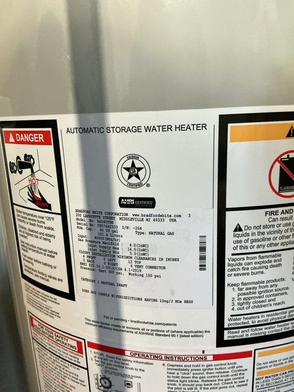 Installed a Bradford White 40-gallon tall natural gas water heater, model BWR-264, with 40,000 BTU/H input capacity. Unit was positioned on existing tiled floor with proper clearances maintained and connected to gas supply line, cold water inlet, and hot water outlet in accordance with manufacturer specifications and local plumbing codes. All connections were tested and verified leak-free, with proper venting installed to ensure safe combustion gas exhaust.