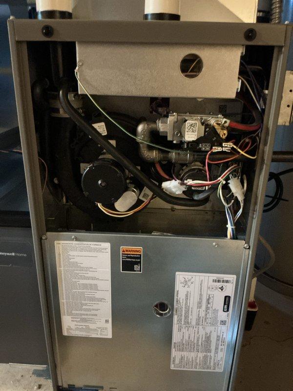 Completed comprehensive maintenance service on gas furnace and air conditioning system. Performed full inspection of indoor furnace unit, verifying proper operation of heat exchanger, gas valve assembly, inducer motor, and all electrical connections. Inspected outdoor condenser unit, checking refrigerant levels, cleaning coils, and confirming proper airflow through fan assembly. All components operating within manufacturer specifications. System cleared for continued operation.