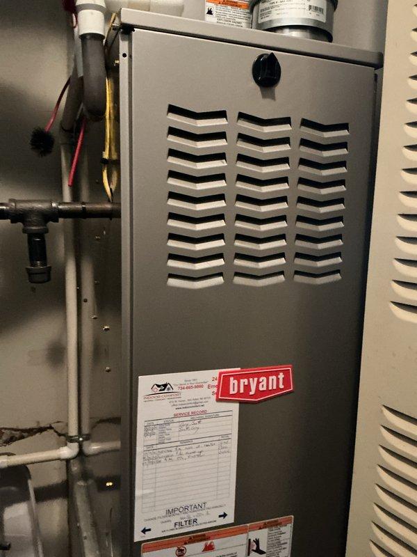 Performed comprehensive maintenance on Bryant gas furnace and air conditioning system. Inspected blower motor assembly, electrical connections, and all system components for proper operation. Verified furnace burner operation, checked heat exchanger, and confirmed all safety controls functioning correctly. Cleaned or replaced air filter as needed and documented equipment condition with photographic records for customer files.