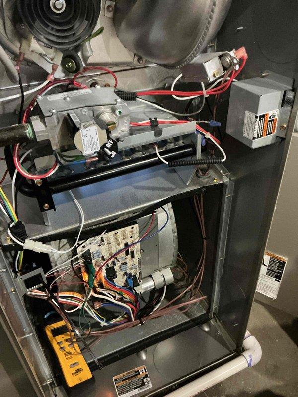 Completed comprehensive furnace tune-up and system inspection. Performed diagnostic testing of all major components including gas valve, ignition system, blower motor assembly, and control board. Verified proper electrical connections, tested safety controls, and confirmed all wiring terminations were secure throughout the cabinet. All components operating within manufacturer specifications at time of service.