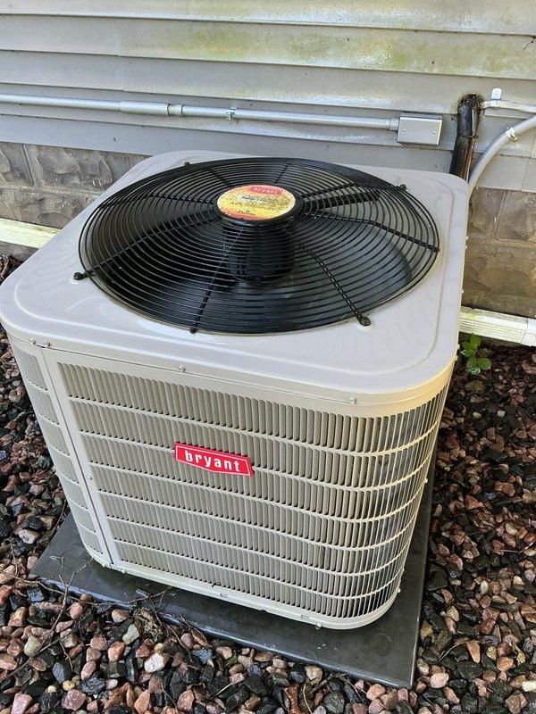 Completed scheduled maintenance on Bryant air conditioning system. Performed comprehensive inspection of outdoor condenser unit, including cleaning of coils, verification of proper airflow through louvered panels, and assessment of fan operation. Unit showed normal wear consistent with age, with condenser coils and cabinet inspected for operational efficiency. All system components functioning within manufacturer specifications at time of service completion.