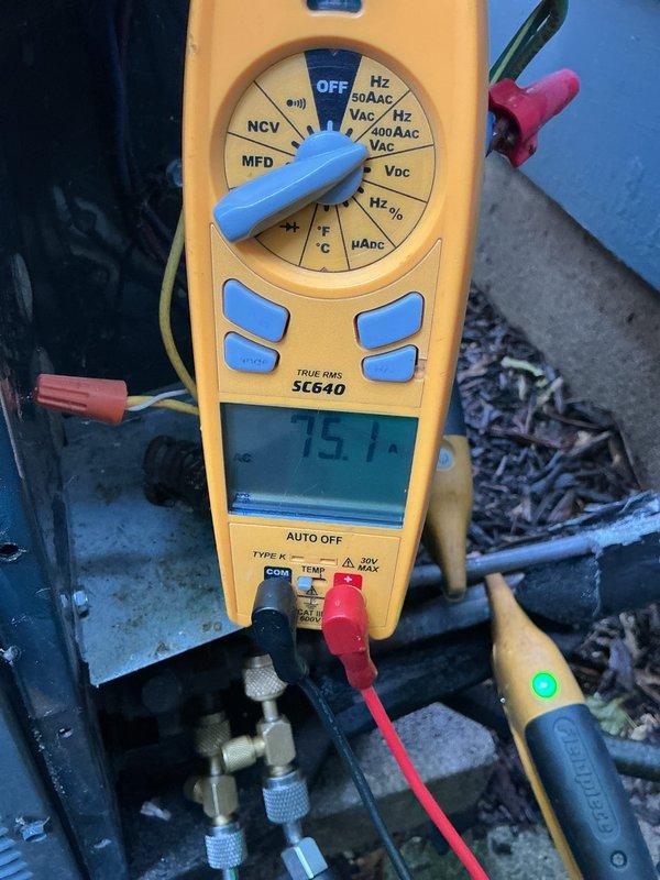 Completed preventive maintenance tune-ups on two air conditioning systems. Performed comprehensive diagnostics including electrical testing with digital multimeter, measuring amperage draw at 75.1A on outdoor condenser unit. Inspected refrigerant lines, service valves, and all electrical connections. Both systems operating within normal parameters upon completion of service.