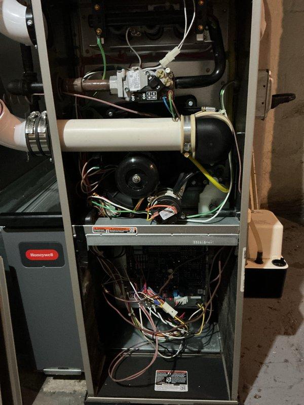Completed scheduled maintenance on gas furnace system. Performed comprehensive inspection of all internal components including gas valve assembly, draft inducer motor, blower assembly, heat exchanger, and electrical connections. Supplied and installed replacement air filter as requested. Verified proper operation of burners, safety controls, and combustion air piping. All components found operating within normal parameters. Unit returned to full service.