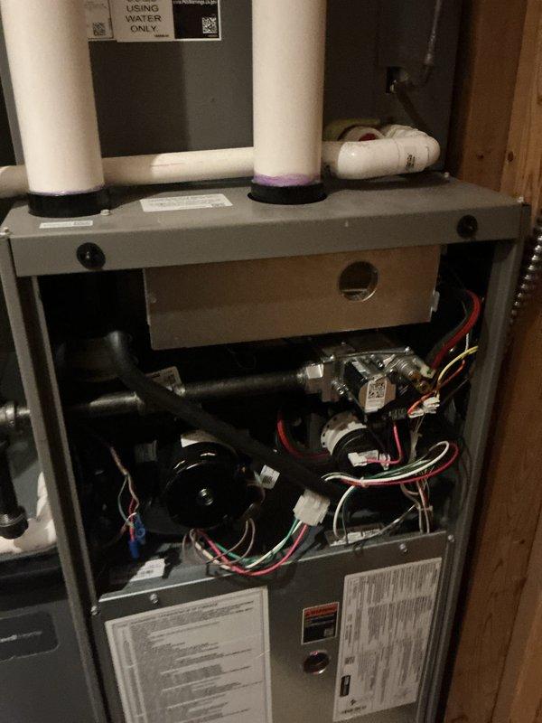 Completed complimentary air conditioning and gas furnace tune-up per installation agreement. Performed comprehensive maintenance inspection of furnace unit, verified all internal components including blower motor assembly, gas valve, and electrical connections are functioning properly with no signs of damage or deterioration. Documented equipment condition with service photos showing proper installation of PVC venting, secure wire harnesses, and accessible manufacturer specification labels for future reference.
