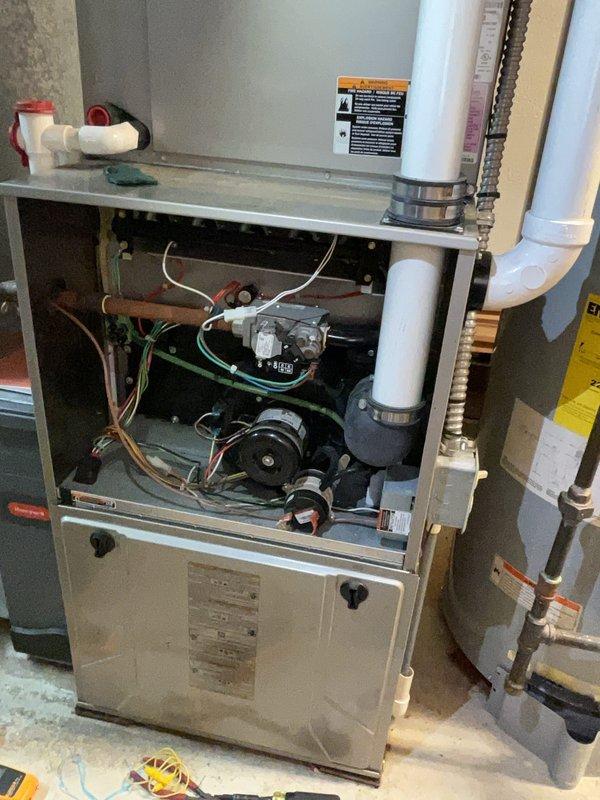 Completed regularly scheduled preventive maintenance on a 12-year-old Bryant gas furnace. Performed comprehensive tune-up including inspection of blower motor assembly, heat exchanger, burner components, and gas valve operation. Verified all electrical connections, tested safety controls, and confirmed proper airflow through the system. Examined PVC condensate drain lines and venting system for proper installation and drainage. Checked furnace filter, inspected ductwork connections, and verified thermostat operation. All components found to be functioning within normal parameters with no deficiencies noted. System is operating efficiently and safely with no immediate service needs identified.