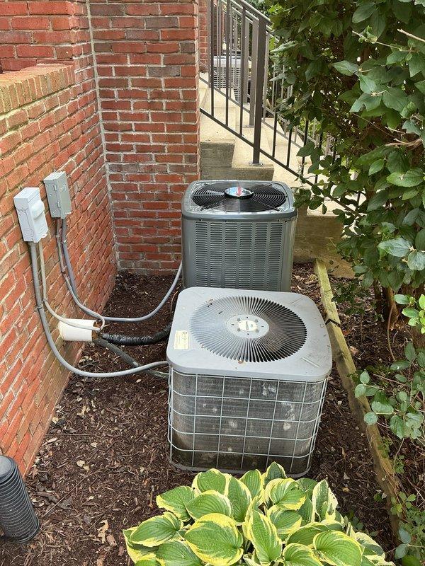 Responded to service call to address multiple concerns with residential HVAC system. Inspected outdoor condenser units and found refrigerant line insulation deteriorated and requiring replacement. Examined humidifier system and discovered disconnected water line, reconnected supply line to restore proper operation. Evaluated condenser fan operation on both units and confirmed proper function. Assessed refrigerant line covering and insulation condition, documented areas needing repair or replacement to prevent energy loss and line sweating.