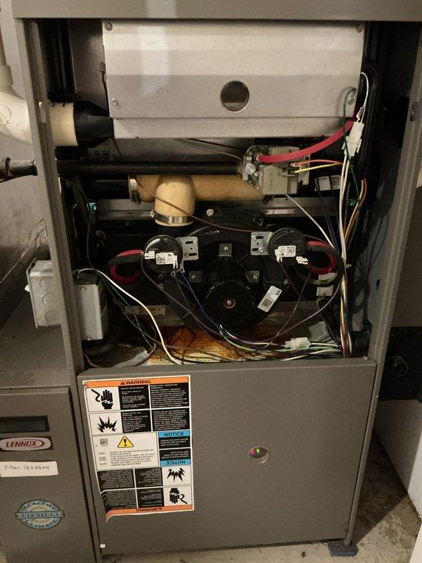 Completed comprehensive HVAC system maintenance including furnace and air conditioning tune-up on Lennox equipment. Performed full inspection of gas furnace interior components including heat exchanger, blower assembly, electrical connections, and safety controls; verified proper operation of all relays, contactors, and wiring harnesses. Inspected outdoor condensing unit, cleaned coils, checked refrigerant levels, and confirmed proper airflow through condenser fan grille.