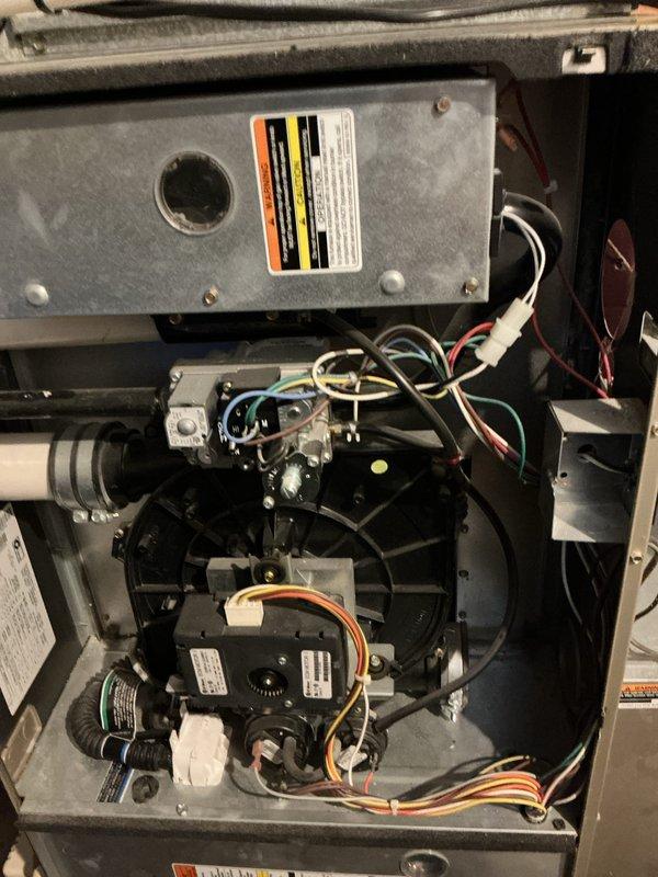Completed comprehensive tune-up on 15-year-old furnace located in basement with no reported operational issues. Performed full system inspection including blower motor assembly, electrical connections, control boards, and all internal components. Verified proper operation of all mechanical and electrical systems, checked wiring harnesses and connections throughout unit, inspected condensate drain lines, and confirmed all safety labels and warnings were intact and legible. System tested and found operating within normal parameters.