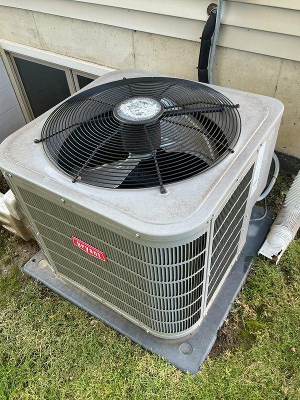 Completed scheduled air conditioning tune-up and preventative maintenance on Bryant outdoor condensing unit. Performed comprehensive system inspection, verified proper operation of all components including condenser fan motor and compressor, checked refrigerant levels, cleaned condenser coils, and confirmed unit is functioning properly in cooling mode with no issues identified.
