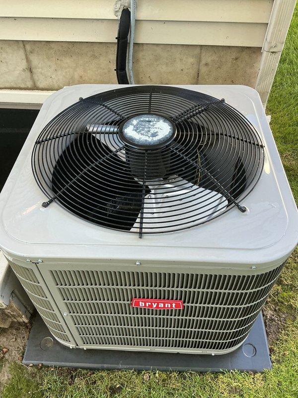 Completed scheduled air conditioning tune-up and preventative maintenance on Bryant outdoor condensing unit. Performed comprehensive system inspection, verified proper operation of all components including condenser fan motor and compressor, checked refrigerant levels, cleaned condenser coils, and confirmed unit is functioning properly in cooling mode with no issues identified.
