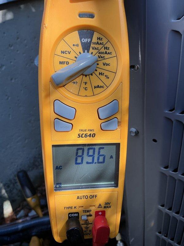 Completed scheduled air conditioning tune-up and preventative maintenance service. Performed electrical diagnostics on outdoor condenser unit, measuring amperage draw at 89.6 amps to verify compressor performance within manufacturer specifications. Inspected and serviced electrical connections in junction box, ensuring all wire terminations were secure and properly torqued.