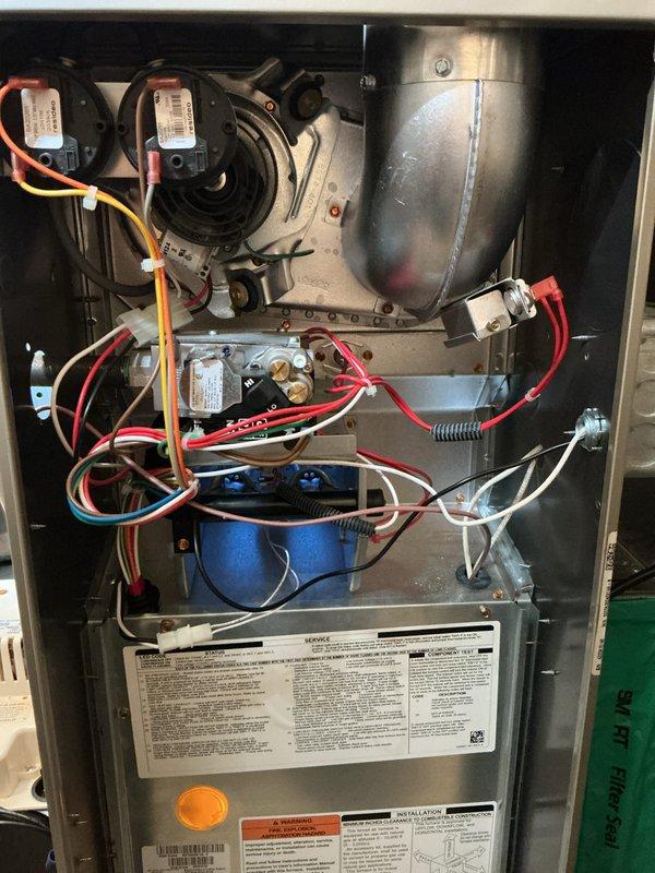 Completed scheduled maintenance on gas furnace system. Performed comprehensive inspection of all internal components including blower motor assembly, gas valve, capacitor, burner assembly, and heat exchanger. Evaluated thermostat operation per customer concern regarding improper function; tested system controls and verified proper communication between thermostat and furnace. All electrical connections, wire routing, and safety controls inspected and found secure. System operational and functioning within normal parameters upon completion.