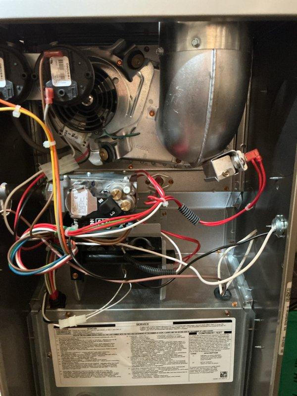 Completed scheduled maintenance on gas furnace system. Performed comprehensive inspection of all internal components including blower motor assembly, gas valve, capacitor, burner assembly, and heat exchanger. Evaluated thermostat operation per customer concern regarding improper function; tested system controls and verified proper communication between thermostat and furnace. All electrical connections, wire routing, and safety controls inspected and found secure. System operational and functioning within normal parameters upon completion.